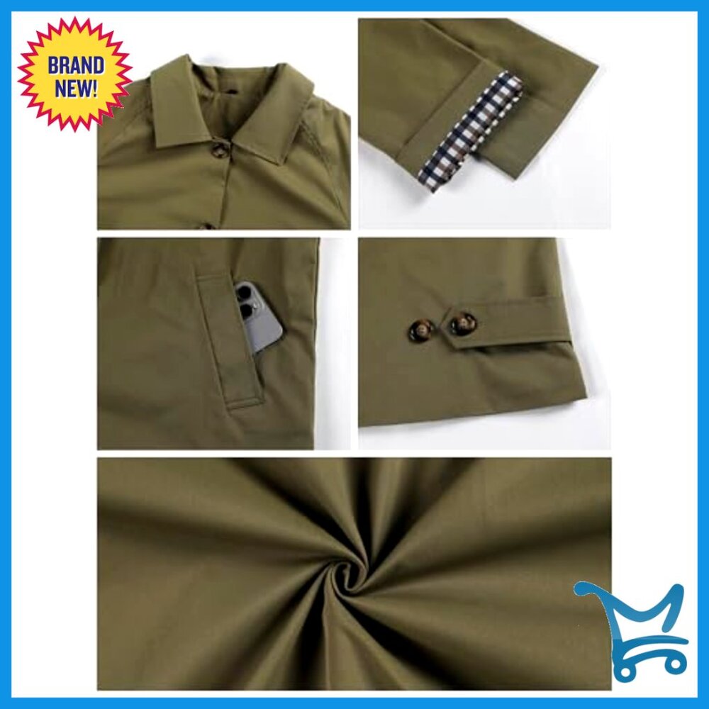 Lightweight Short Trench Jacket with Plaid Lining and Pockets - Picture 6 of 7